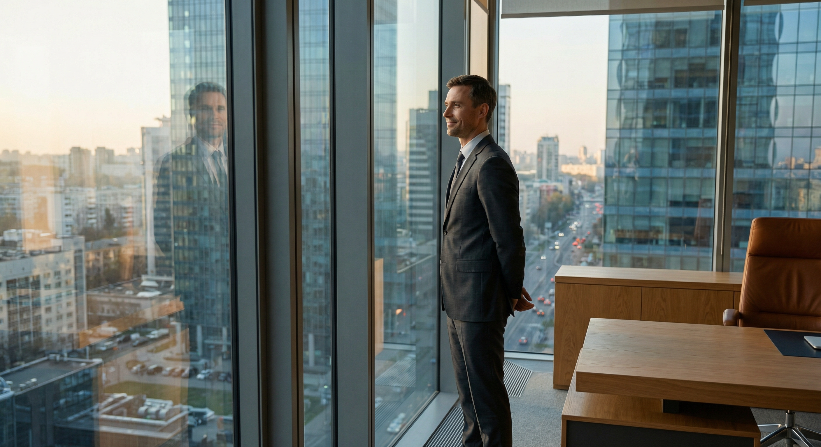 Man in suit looking out window